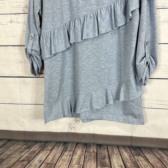 Ali Mlies Top Shirt Womens Medium Blue Sweatshirt Ruffle 3/4 Roll Tab Art Boxy - Picture 3 of 10